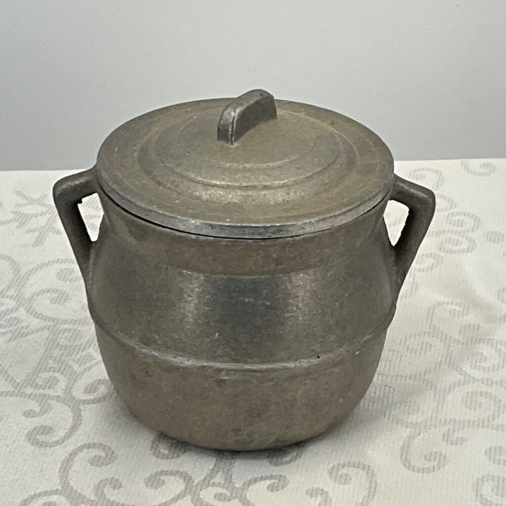 Vintage Pewter Metal Individual Bean Pot With Lid‎ & Handles